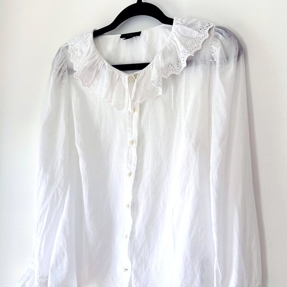 JCREW White Cotton Embroidered Ruffle Collar Top with Eyelet Size 6 - Picture 9 of 9